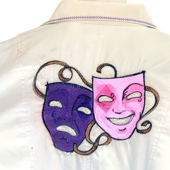 VTG Liz Claiborne Silk Button Front Top Embroidered Theater/Drama Masks M #88D - Picture 6 of 9